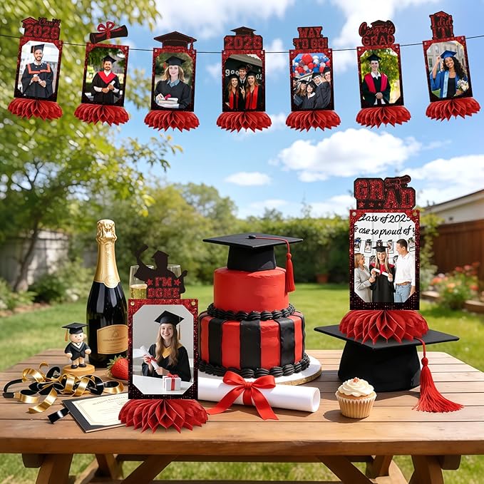 9 PCS Graduation Party Decorations Class of 2026 Honeycomb Centerpieces, Honeycomb Centerpieces for Graduation Photo Toppers Table Decorations. (Grad.Red)