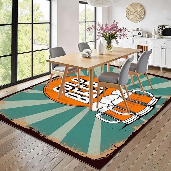 8x10 Area Rugs for Bedroom Boho Washable Man Cave Rug for Living Room Vintage Cold Beer Beer Mugs Retro Sunburst Soft Rubber Backed Non-Slip Large Carpets for Boys