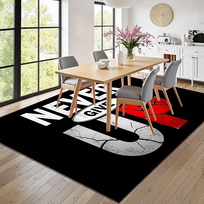 9x12 Area Rugs for Bedroom Boho Washable Man Cave Rug for Living Room Never Give Up Motivational Typography Cracked Lettering Design Soft Rubber Backed Non-Slip Large Carpets for Boys
