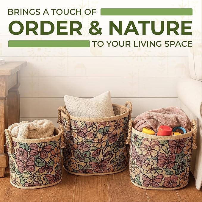Set of 3 Handwoven Sedge Grass Baskets with Floral & Butterfly Brocade Cover ā Decorative Woven Storage Baskets for Laundry, Toys & Blankets ā Natural Wicker Hampers for Home & Bedroom Decor