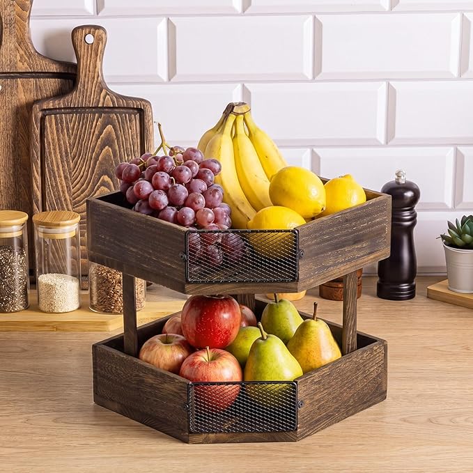 Vicenpal 2 Tier Corner Fruit Basket for Kitchen Countertop Wooden Farmhouse Fruit Bowl Vegetable Basket Produce Stand Storage Holder for Onion Potato, Vegetables, Spice Jars, Bread Storage