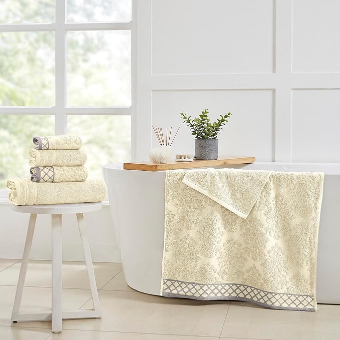 Modern Threads 6 Piece Cotton Bath Towel Set – Ultra Soft 550 GSM Towels – Bathroom Set with Hand Towels and Washcloths – Diamond Border (Ivory Cream)