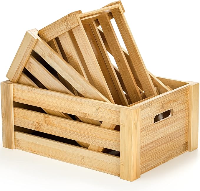 Lawei Set of 3 Bamboo Nesting Crates with Handles, Rustic Decorative Storage Container Box, Crate Box for Display, Farmhouse Bamboo Basket Bins for Fruit, Vegetable, Kitchen, Office, Bedroom, Closet