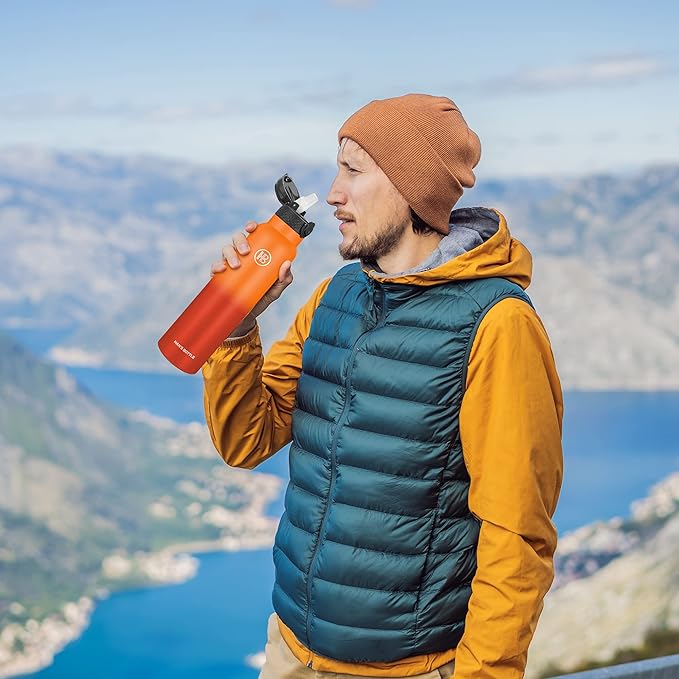 Han's Bottle Sports Water Bottle - 32 Oz, Straw Lid, Leak Proof, Vacuum Insulated Stainless Steel, Double Walled, Thermo Mug,Fire