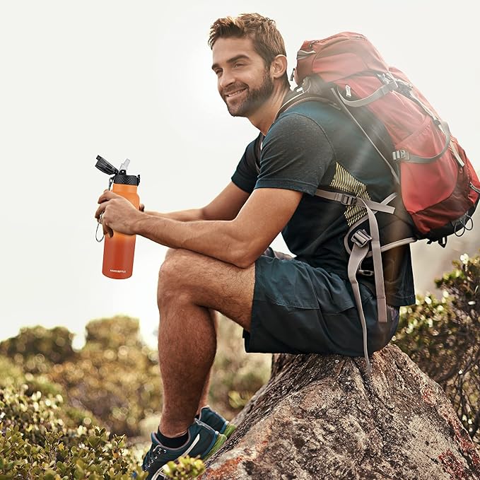 Han's Bottle Sports Water Bottle - 24 Oz, Straw Lid, Leak Proof, Vacuum Insulated Stainless Steel, Double Walled, Thermo Mug,Fire
