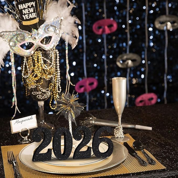 TONIFUL 4 Inch 2026 Black Glitter Table Centerpiece Sign 2026 Number Word Sign,2026 Wooden Numbers Block for New Year Eve,Graduation,Chrismas,Anniversary Party Supplies