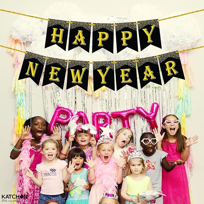 KatchOn, New Years Eve Party Supplies 2026 - Pack of 5 | 10 Feet, No DIY, Happy New Year Banner with 40 Inch, 2026 Balloons Gold | Happy New Years Decorations 2026 | New Year Decorations