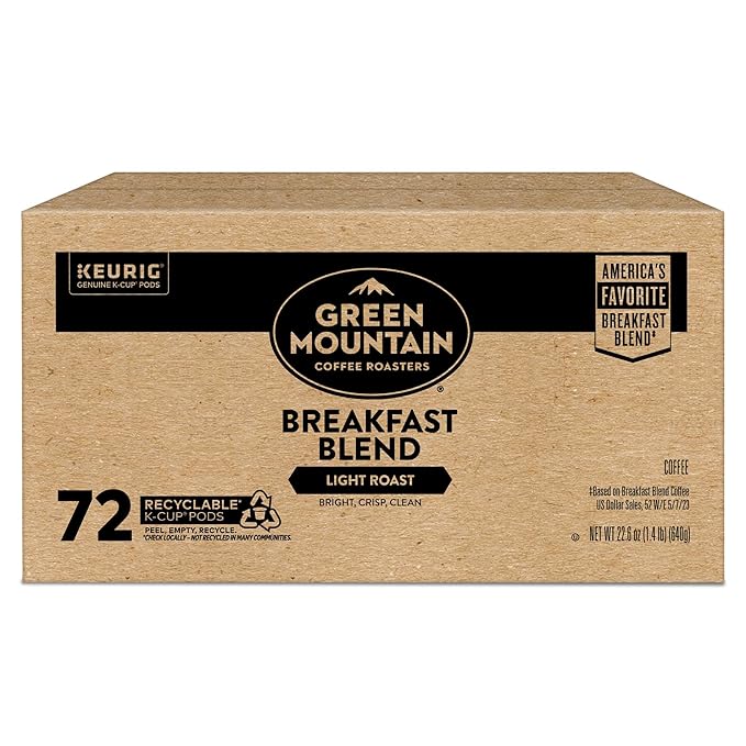 Green Mountain Coffee Roasters Breakfast Blend, Single-Serve Keurig K-Cup Pods, Light Roast Coffee Pods, 72 Count