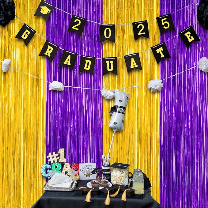 2 Pack Graduation Backdrop, 3.28 FT x 7.05 FT Grad Party Decorations 2026, Purple Gold Backdrop Foil Fringe Curtains, Metallic Purple and Gold Graduation Decorations Class of 2026 Decor