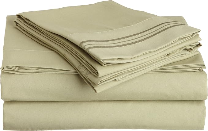 Cathay Home Microfiber Peach Skin Sheet Set with Triple Line Embroidered Pillow Cases, Full Size, Sage