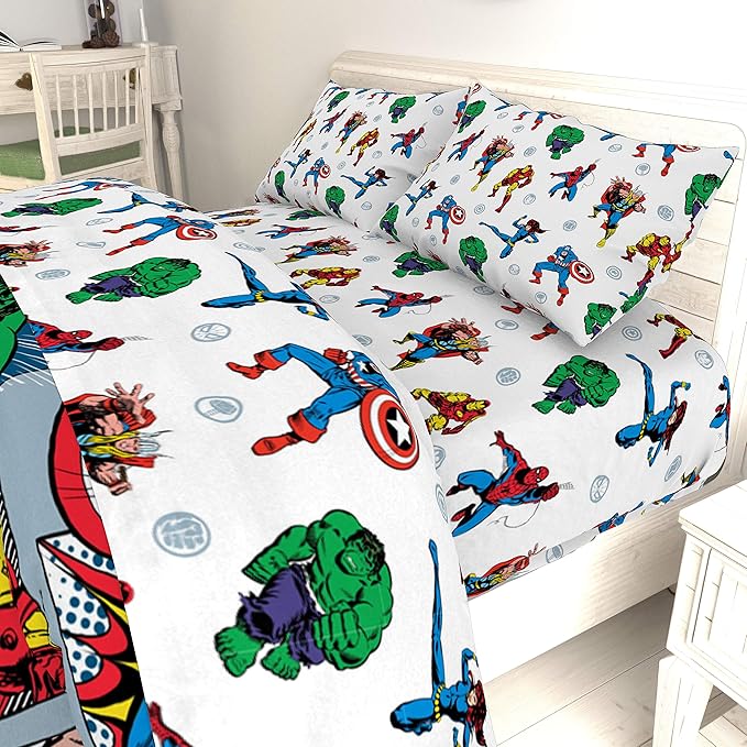 Jay Franco Kids Sheet Set with Fitted, Flat Sheets & Pillow Cover - Ultra-Soft Bedding with Pillowcase for Room Decor, White - Avengers, 4 Piece Full