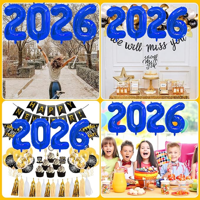 2026 Balloons New Years Eve Party Supplies - 40" Large Deep Blue Foil Number Balloon New Years Decorations Graduation Balloons Class of 2026 Happy New Year Birthday Anniversary Graduation Decorations