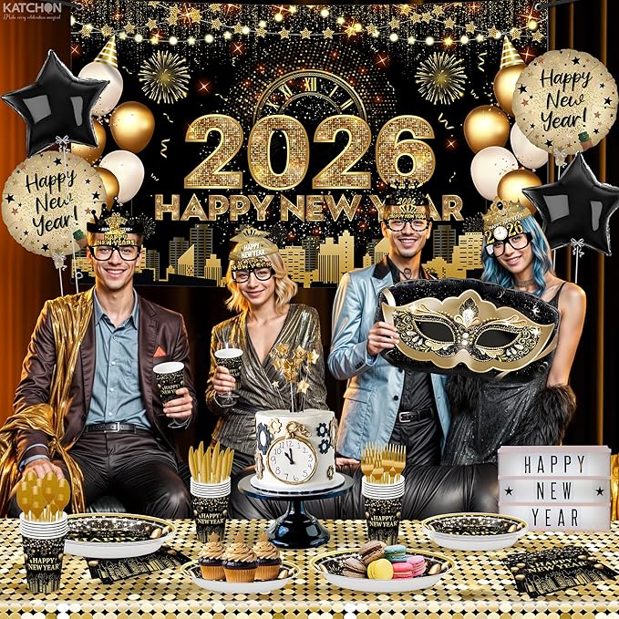KatchOn, Huge New Years Eve Party Supplies 2026 - Pack of 231 | Wall Banner, Plates, Napkins, Tablecloth, Hats, Table Cover & Balloons For Happy New Year Decorations | New Years Eve Decorations 2026