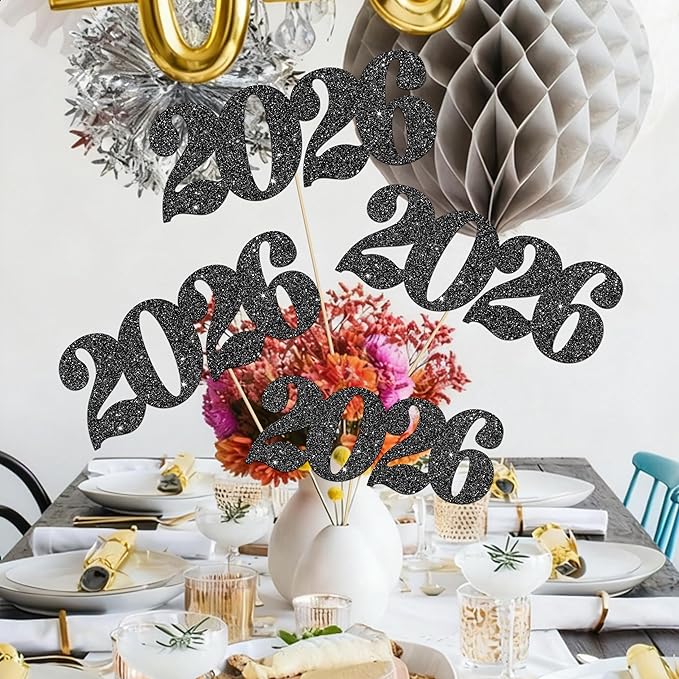 12pcs Black Glitter 2026 Number Centerpiece Sticks Congrats Party Decorations for Table Class of 2026 Graduation Centerpieces for Hello 2026 Christmas New Year Eve Party Supplies