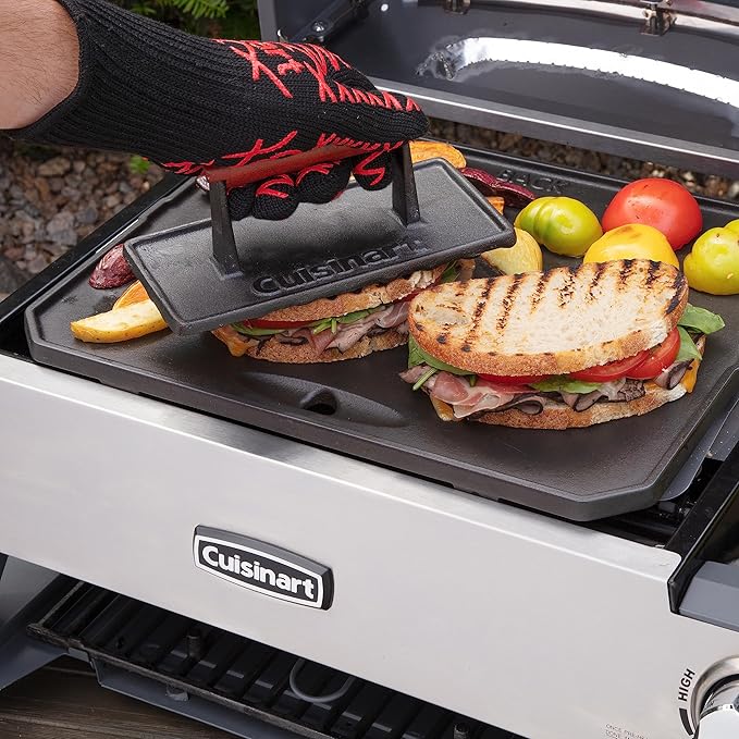 Cuisinart Cast Iron Grill Press with Wooden Handle, Heavy Duty Nonstick Rectangle Burger Press with Wood Handle, Perfect Grill Accessory for Steak, Bacon, Paninis and More