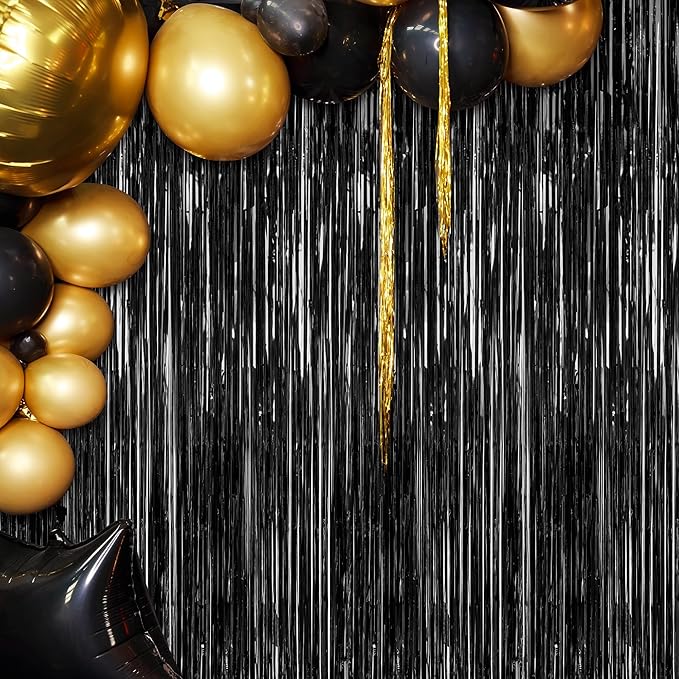 2 Pack 2026 Graduation Party Decorations, 3.28 FT x 7.05 FT Black Backdrop, Metallic Halloween Decorations Photo Backdrop Fringe Curtains Tinsel Backdrop Foil Streamer, Grad Party Supplies