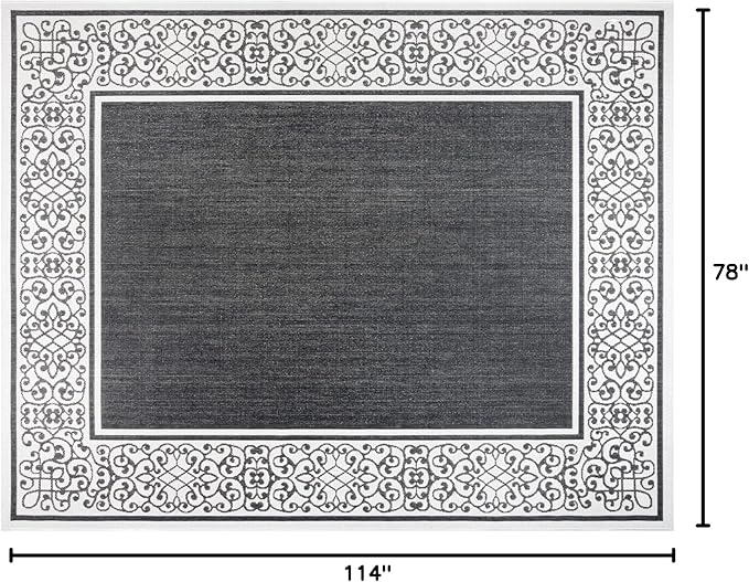 Gertmenian Indoor/Outdoor Flatweave Area Rug - 5x7 Standard, Stain & UV Resistant, Ideal For Deck, Patio, Poolside, Mudroom - Abstract Border, Dark Grey White, 22946