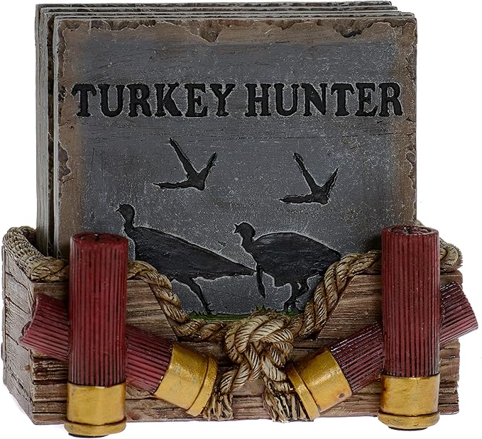 Pine Ridge Buckshot Absorbent Coaster Set with Holder - Table Coasters Home Decors for Drinks - Rustic Turkey Hunter Country Coaster Decoration
