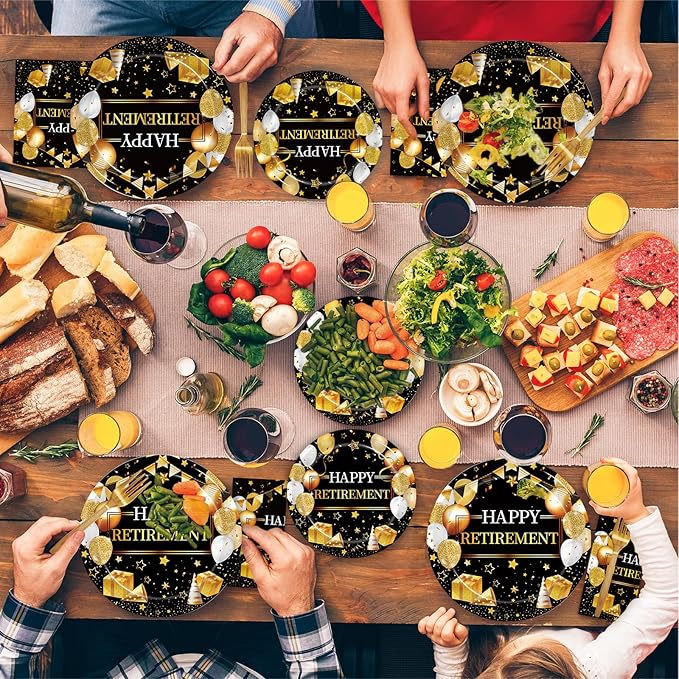 200 Pcs Retirement Party Plates and Napkins Set, Happy Retirement Party Supplies Decorations for Men Women Gold and Black Farewell Going Away Disposable Dinnerware Tableware Kit, Serves 50
