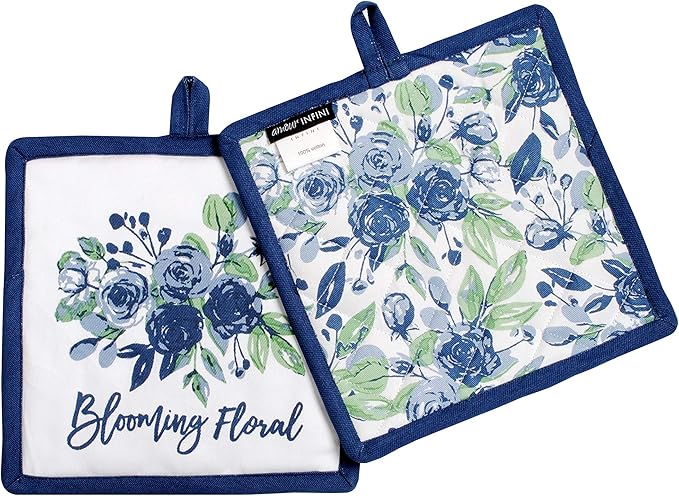AMOUR INFINI Pot Holders Heat Resistant Cotton Set of 3 Nonslip 8"x8" Inch Hot Pads for Kitchen, BBQ, Baking & Cooking with Hanging Loops (Blooming Floral)