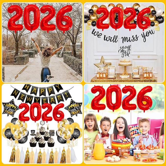 2026 Balloons New Years Decorations - 40" Large 2026 Red Foil Number Balloon New Years Eve Party Supplies Graduation Balloons Class of 2026 Happy New Year Birthday Anniversary Graduation Decorations