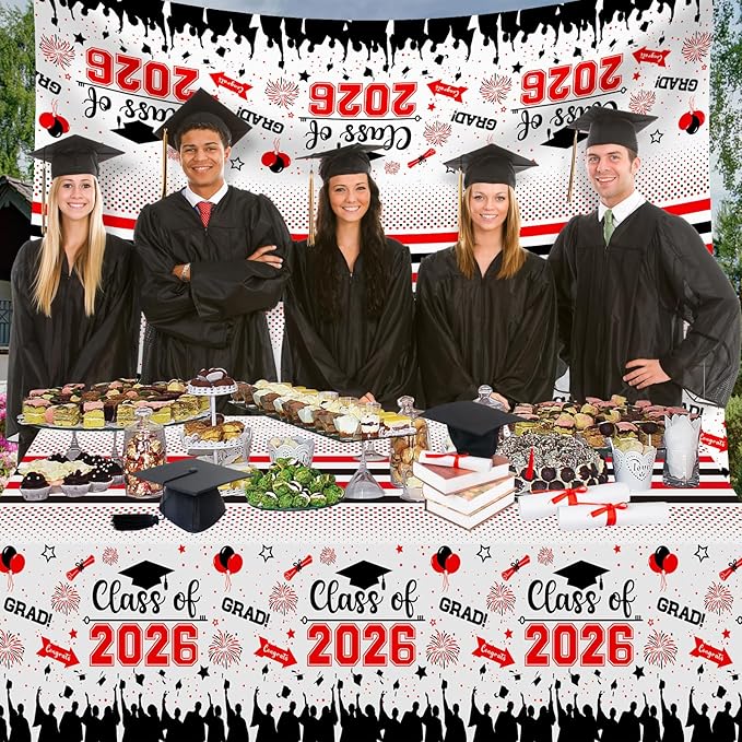 Graduation Decorations Class of 2026 Tablecloth - 3 Pcs Plastic Congrats Grad Table Cloth, Graduation Table Cover for Graduations Party Decorations 2026 and Party Supplies, 54"x108" (Red and Black)