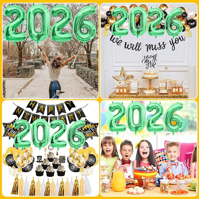 2026 Balloons New Years Eve Party Supplies - 40" Large Green Foil Number Balloon New Years Decorations Graduation Balloons Class of 2026 Happy New Year Birthday Anniversary Graduation Decorations