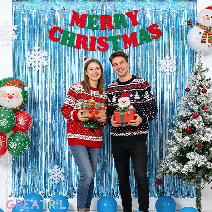 Blue Tinsel Curtain Party Backdrop - GREATRIL Foil Curtain Party Photo Streamers Backdrop for Frozen/Mermaid/Under Sea/Baby Party Decorations - Pack of 2