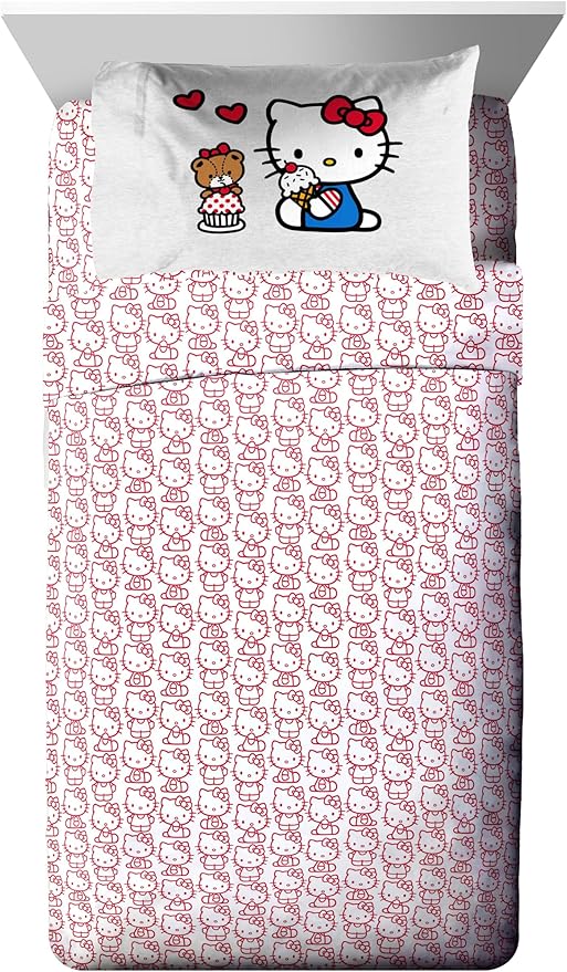 Jay Franco Sanrio Hello Kitty Twin Size Comforter Set - 5 Piece Red & Grey Bedding Includes Sheet Set & Pillow Covers - Super Soft Cozy Kawaii Bedding