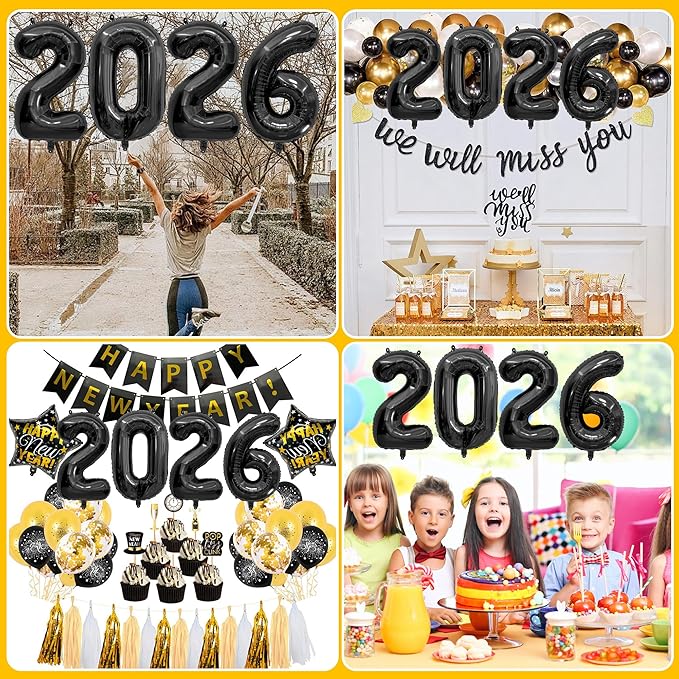 2026 Balloons New Years Decorations - 40" Large 2026 Black Foil Number Balloon New Years Eve Party Supplies Graduation Balloons Class of 2026 Happy New Year Birthday Anniversary Graduation Decorations