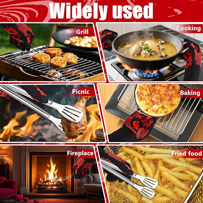 BBQ Grill Gloves, 1472°F Extreme Heat Resistant Grilling Gloves Non-Slip Oven Mitts Potholder, Perfect for Barbecue, Cooking, Baking, Fireplace, Smoker - 2 Pair (Red and Black)