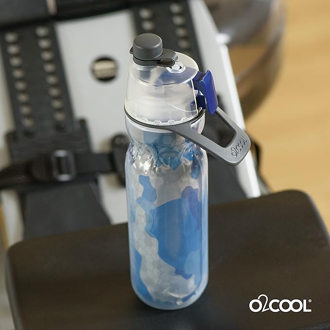 O2COOL Mist 'N Sip Misting Water Bottle 2-in-1 Mist And Sip Function With No Leak Pull Top Spout Reusable Sports Water Bottle - 20 oz (Blue Camo)