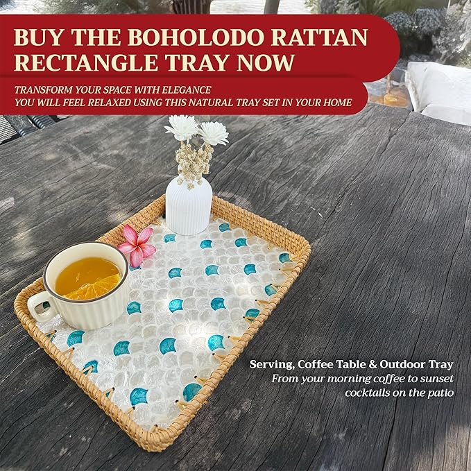 Rattan Tray Rectangle with Mother of Pearl – Unique Decorative Rattan Serving Tray for Food, Bread, Fruits, Snacks & Organizing Bathroom, Coffee Table – Christmas & Housewarming Gift (Fin 13.3"x9.4")