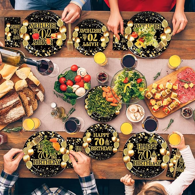 Kepeel 200Pcs 70th Birthday Party Tableware Set, Back in 1956 Birthday Party Decorations Supplies for Men Women Cheers to 70 Years Disposable Paper Plates Napkins Forks Favors, Serve 50