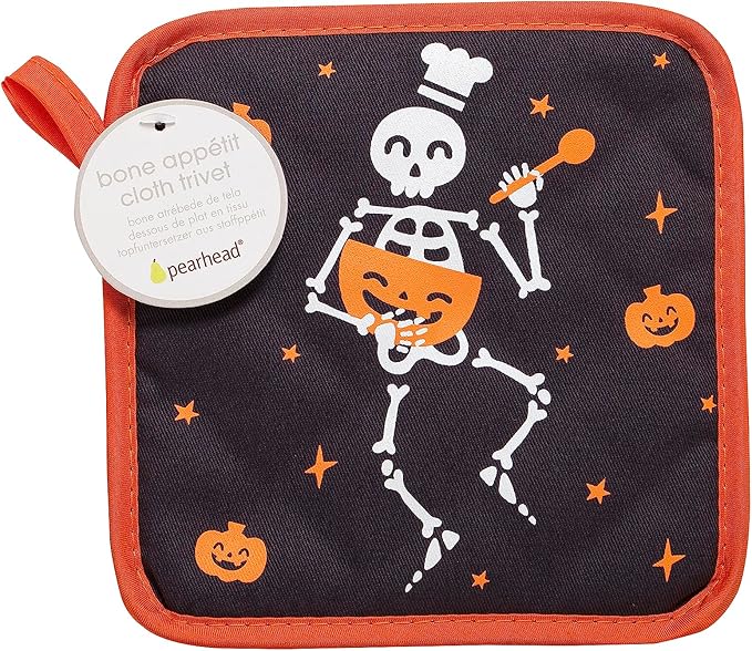 Pearhead Halloween Skeleton Chef Pot Holders Set of 2, Heat-Resistant Kitchen Hot Pads with Hanging Loops, Spooky Pumpkin Design for Cooking, Baking, Serving, and Festive Autumn Holiday Décor