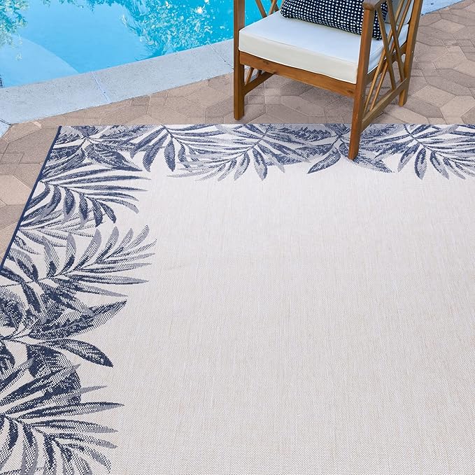 Gertmenian Indoor/Outdoor Flatweave Area Rug - 8x10 Large, Stain & UV Resistant, Ideal For Deck, Patio, Poolside, Mudroom - Palm Tree Border, Navy Blue, 22939