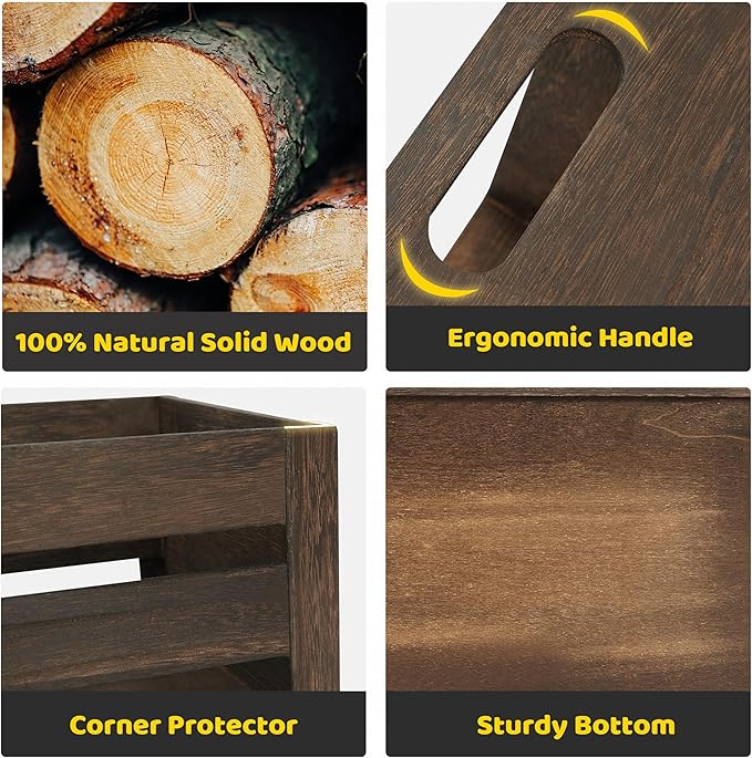 Edergoo Wooden Crates 3 Pack, Nesting Handmade Wood Crates for Storage, No Installation Wooden Storage Box with Cutout Handle for Display & Decor, Brown