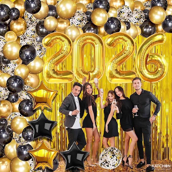 KatchOn, New Years Eve Party Supplies 2026 - Huge Set, Pack of 86 | Happy New Year Decorations 2026, NYE Decorations 2026 | Gold Fringe Curtain Backdrop with Black and Gold 2026 Balloon Arch Kit