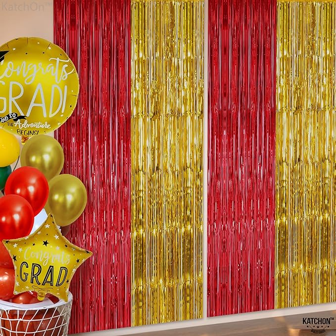 KatchOn, Gold and Red Fringe Backdrop - Xtralarge, Pack of 2 | Foil Fringe Curtain for Nurse Graduation Party Decorations | Prom Decorations 2026 | Red and Gold Graduation Decorations 2026