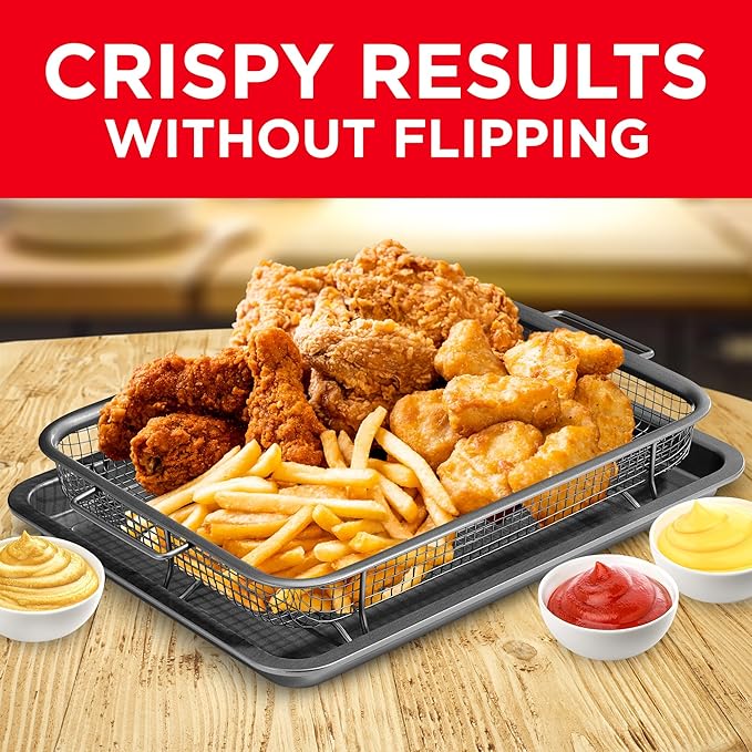 Bakken Swiss Air Fryer Tray, 2 in 1 Nonstick Crisper Air Fry Basket w/Elevated Mesh Great for Oven, Dishwasher Safe – Ceramic Coating PTFE/PFOA/PFOS FREE Extra-large (9.5"x13", Gray)