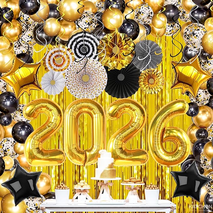 KatchOn, New Years Eve Party Supplies 2026 - Huge Set, Pack of 112 | Black and Gold 2026 Balloon Arch Kit with Gold Fringe Curtain Backdrop | Happy New Year Decorations 2026, NYE Decorations 2026