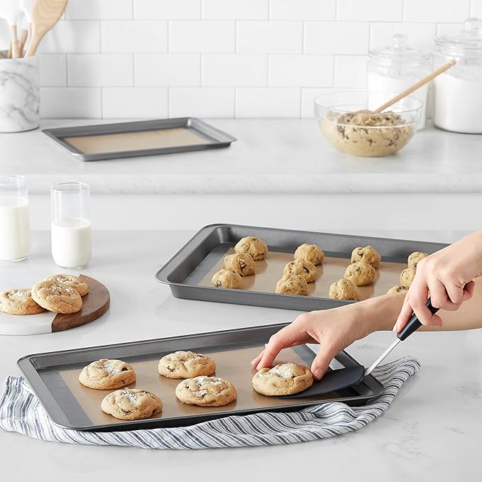 Amazon Basics Rectangular Non-Stick Silicone Baking Mat, Food Safe, Heat Resistant, 9"x13", 9.9"x14.8", and 16.5"x11.6", Beige/Gray, Pack of 3