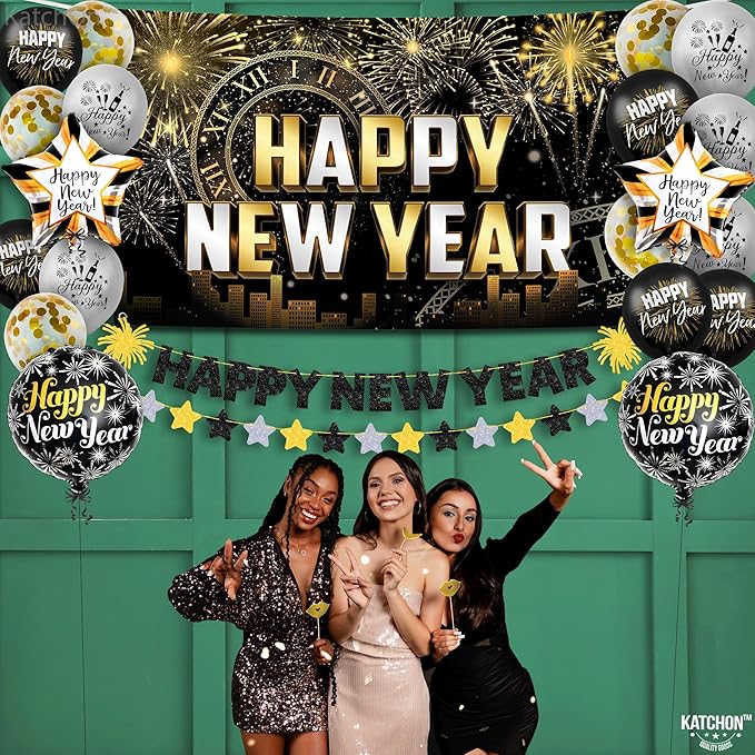 KatchOn, New Years Eve Party Supplies 2026 Set - Big, Pack of 21 | Black and Gold Happy New Year Banner, 2026 Balloon Numbers, New Year Foil Balloons | NYE Decorations 2026, New Years Decorations 2026