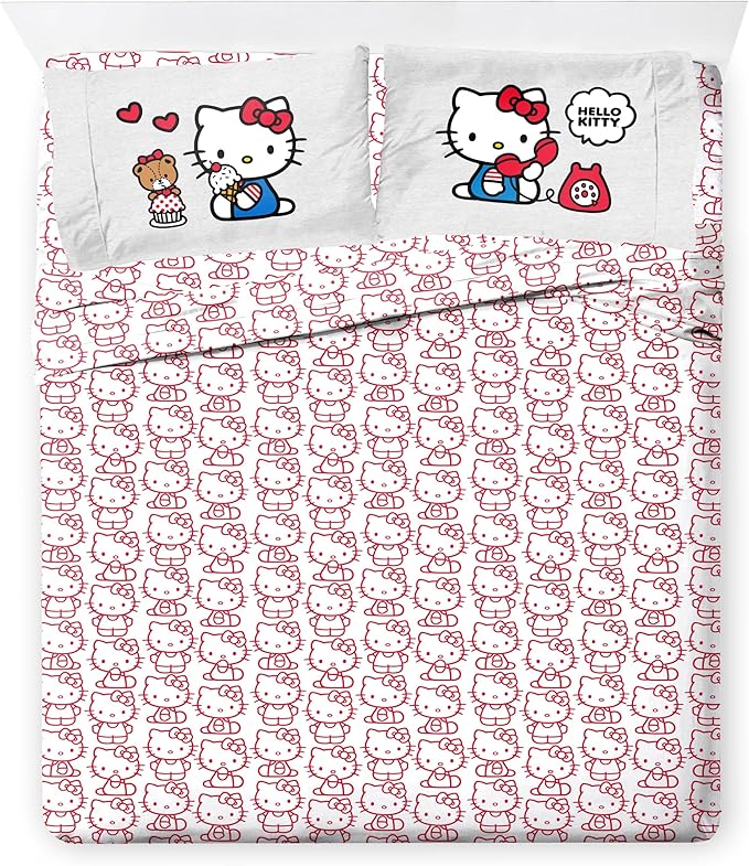 Jay Franco Sanrio Hello Kitty Full Size Comforter Set - 7 Piece Red & Grey Bedding Includes Sheet Set & Pillow Covers - Super Soft Cozy Kawaii Bedding