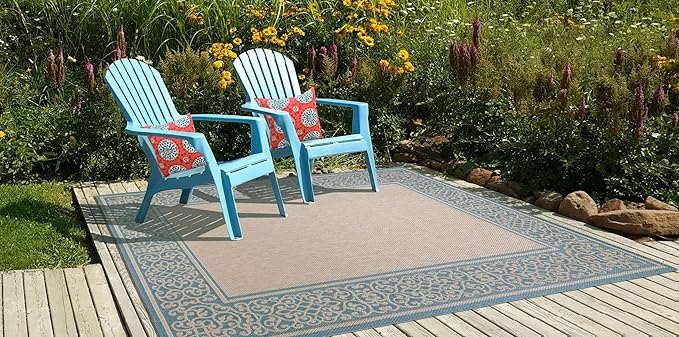 Gertmenian Indoor/Outdoor Flatweave Area Rug - 6x9 Medium, Stain & UV Resistant, Ideal For Deck, Patio, Poolside, Mudroom - Abstract Border, Aqua Blue Cyan, 22965