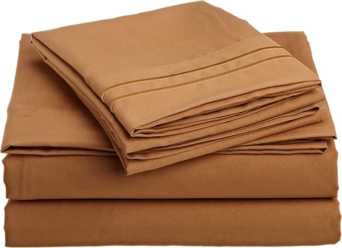 Cathay Home Luxury Soft Microfiber Sheet Set with Embroidered Pillow Case, Twin, Caramel
