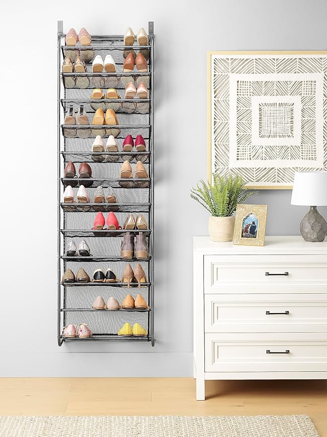 Whitmor 36 Pair Over the Door Shoe Organizer, 12 Tier Hanging Shoe Organizer, Heavy Duty Metal & Mesh Shoe Holder, Hanging Shoe Rack for Closet Storage, 69"L x 21.7"W x 7.5"H, Gunmetal Gray