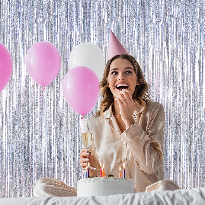 2 Pack Silver Metallic Tinsel Foil Curtains, 3.28 FT x 7.05 FT Glitter Silver Fringe Curtains, New Year Door Streamer Tinsel Backdrop Photo Booth for NYE Party Birthday Engagement Party Decorations