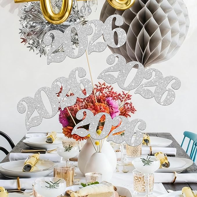 12pcs Silver 2026 Number Theme Centerpiece Sticks Glitter 2026 Graduation Centerpieces for Table New Year Eve Party Table Decorations for Hello 2026 Christmas Party Supplies