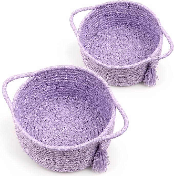 Small Purple Gift Basket Empty to Fill - SweetMemo Cute Woven Rope Organizer Baskets for Baby Shower, Vanity, Makeup, Bathroom, Decoration, Girls Room - Mini Cotton Storage Bins - 2 Pack